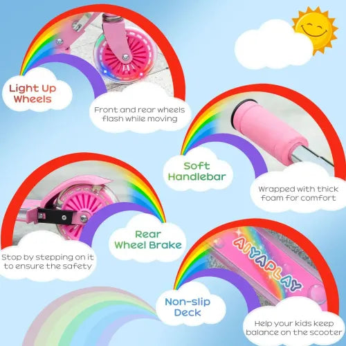 Pink kids scooter feature callouts: LED wheels, brake, non-slip deck