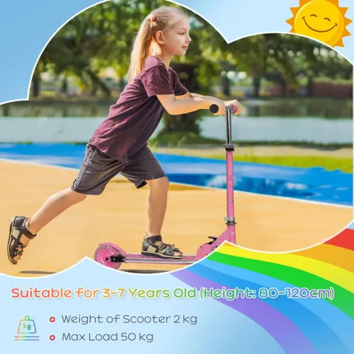 Kids pink scooter with glowing wheels and a child riding