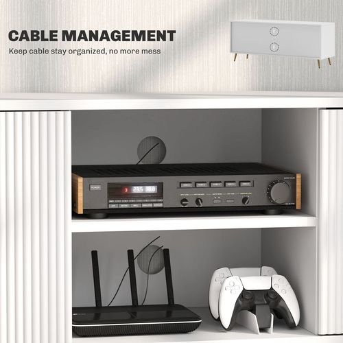 White TV stand cabinet interior with open shelves for cables and media components