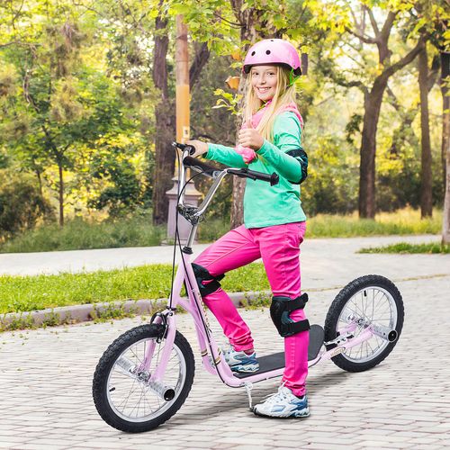 Pink adjustable-height kids stunt scooter with black deck and front wheel