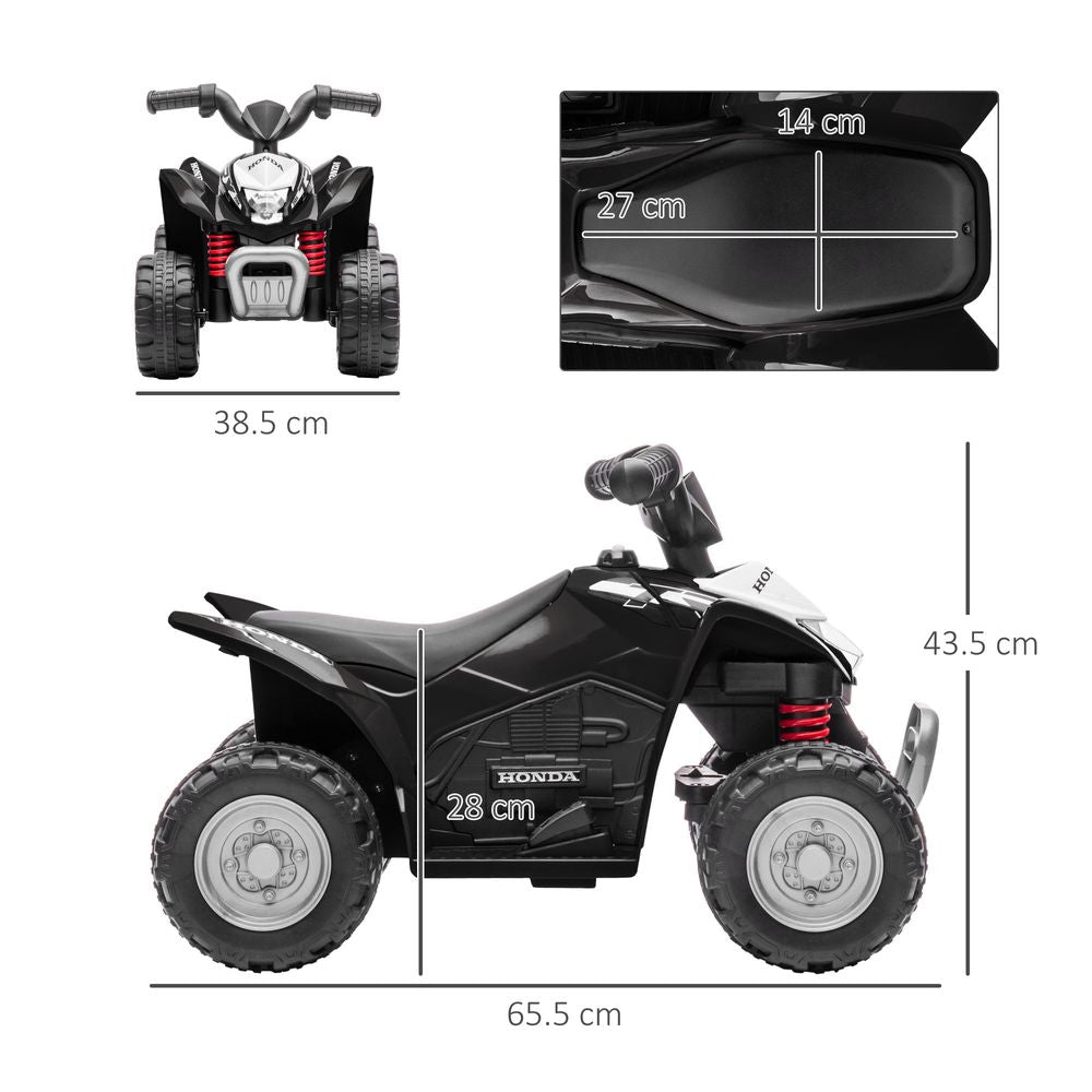 Black kids electric quad bike shown in multiple angles with size diagram