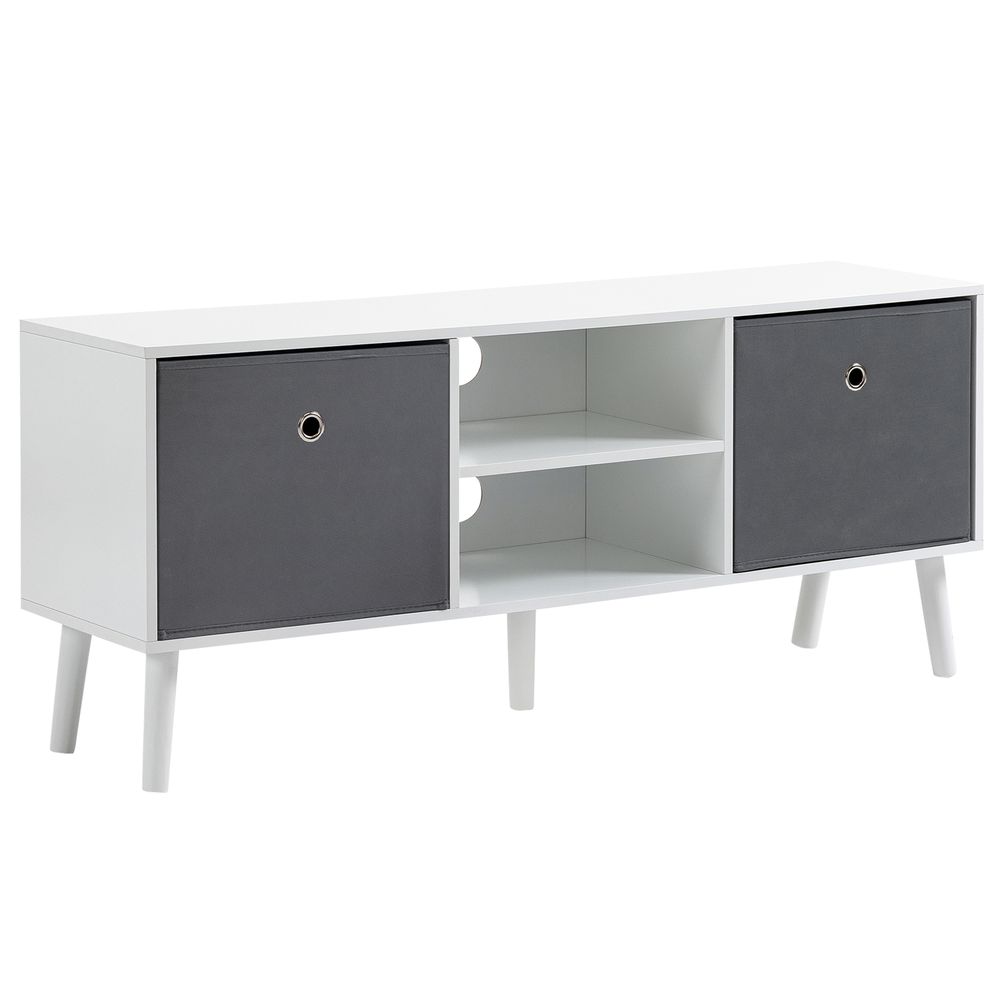 TV console with white frame, two gray drawers, and open shelving in the middle