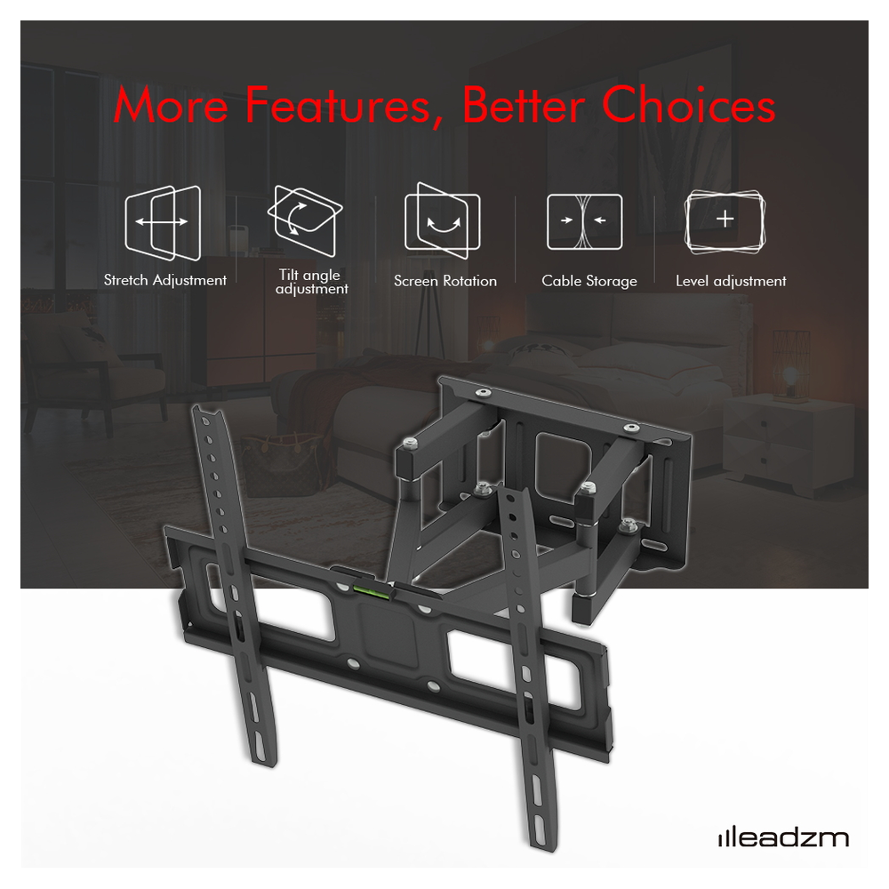 Double pendulum TV wall mount bracket, dark metal with adjustable tilt, rotation, and leveling.