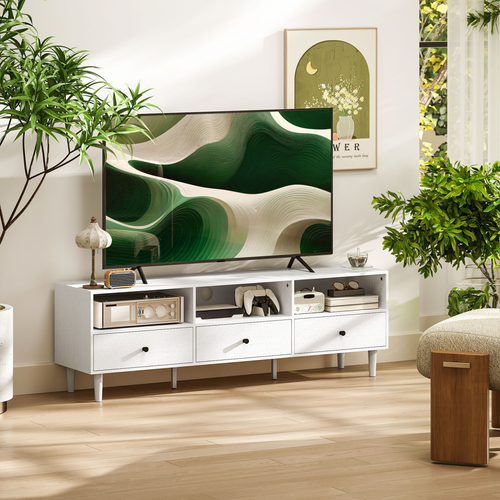 White TV stand with wide drawers and open media shelves, raised on four legs