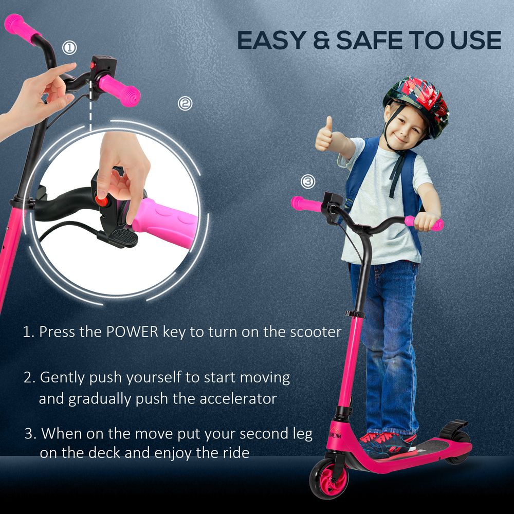 Pink electric scooter with black handlebars and deck, being ridden