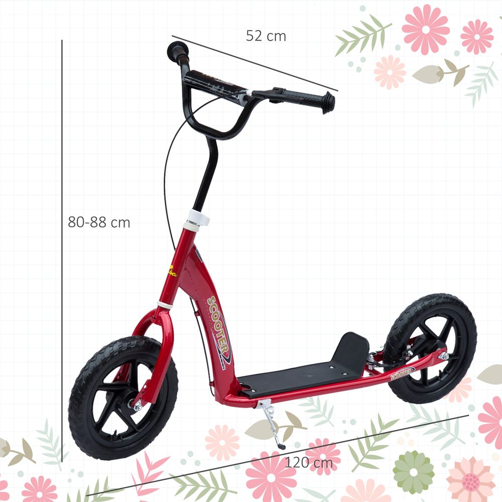 Red kick scooter with black handlebars, kickstand, and large EVA-style wheels