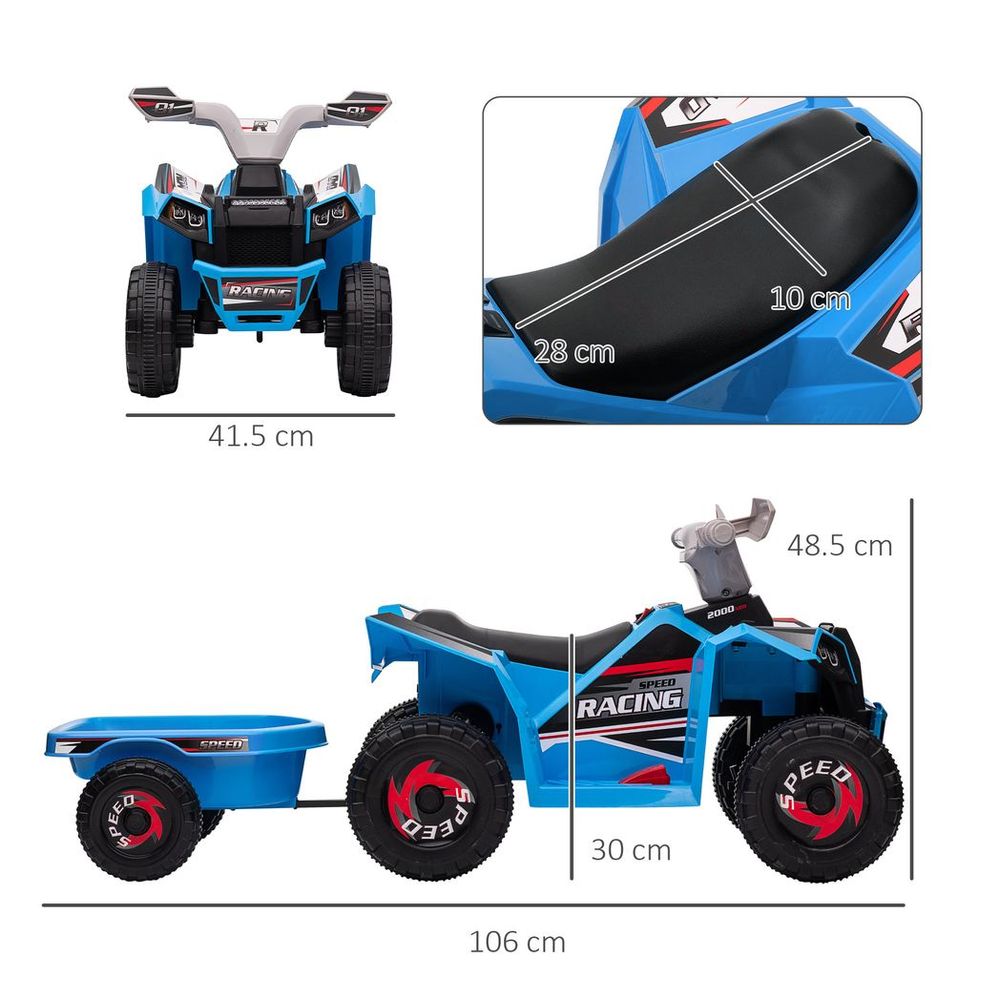 Blue ride-on electric quad bike size diagram with black seat and measurement labels