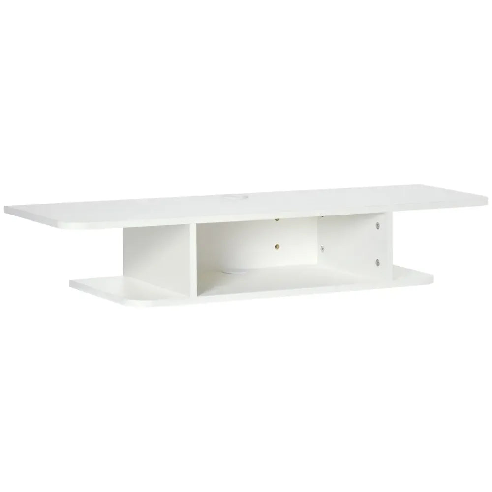 White floating TV console with three open compartments and centered support