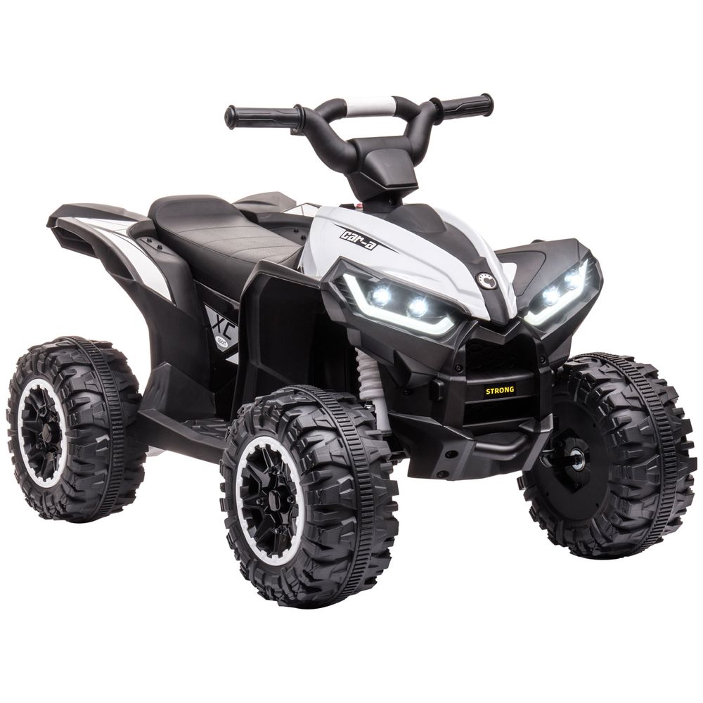 White and black kids electric quad bike with LED headlights and four large tread tires
