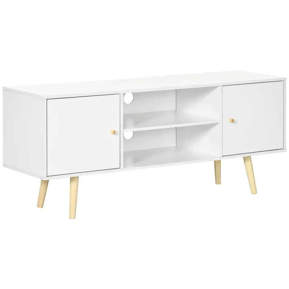 White TV stand cabinet with two doors and center open shelves, gold-tone tapered legs.
