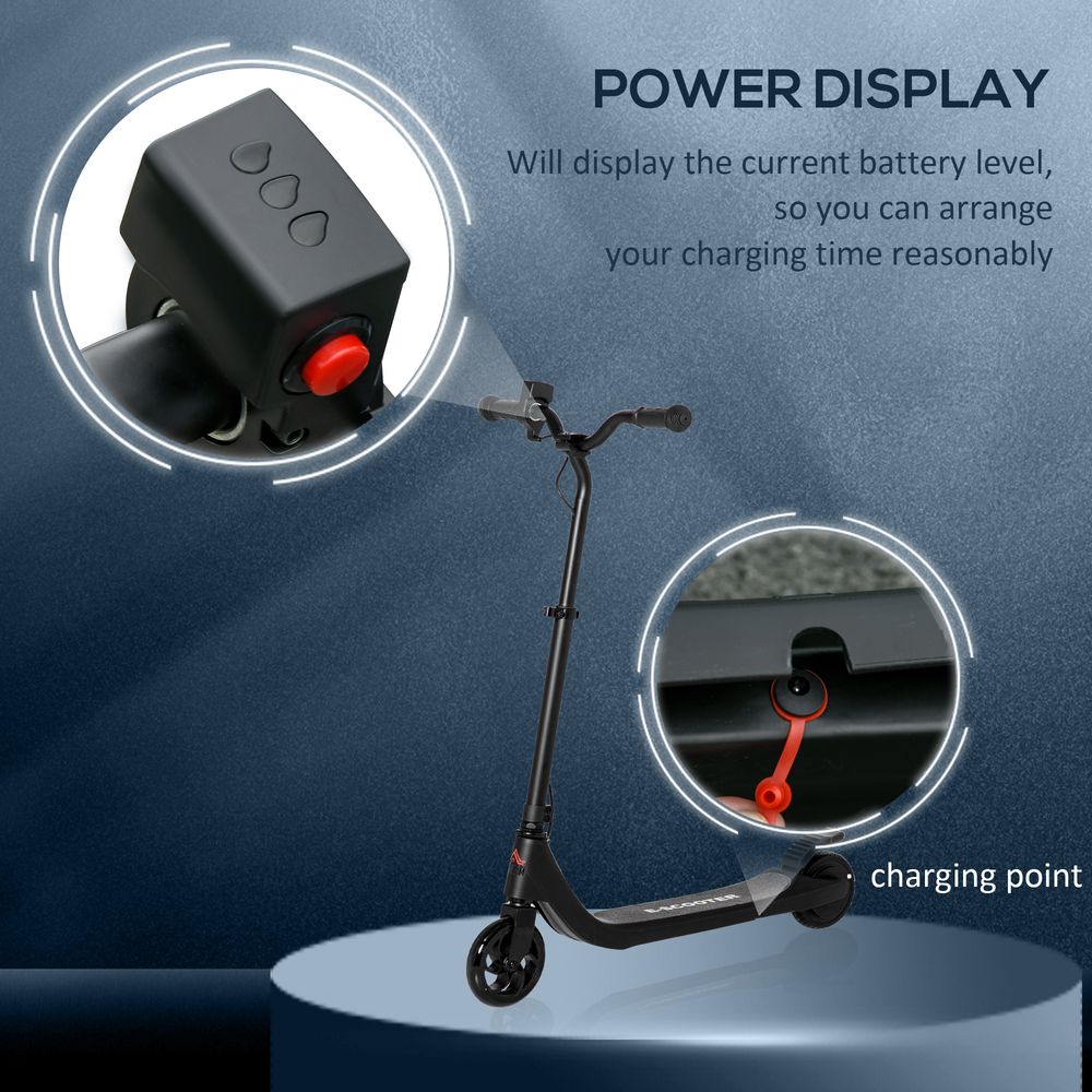 Black electric scooter with power display and charging point on the foot deck
