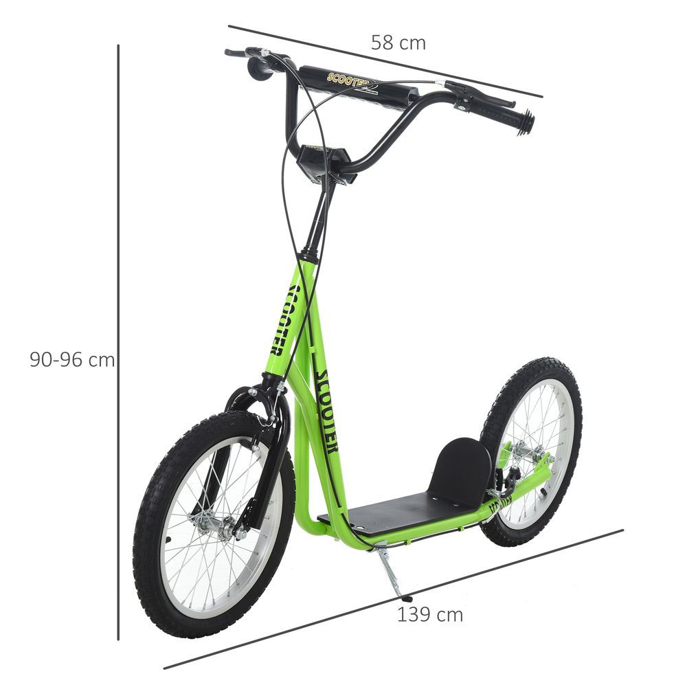 Green adjustable-height kids kick scooter with black handlebars and rubber tires