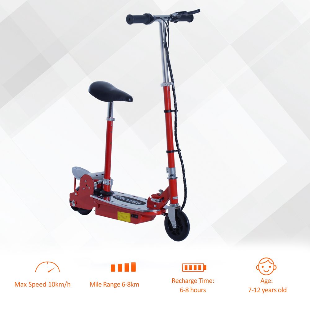 Red foldable powered scooter with black seat, handlebar, and wide deck wheel