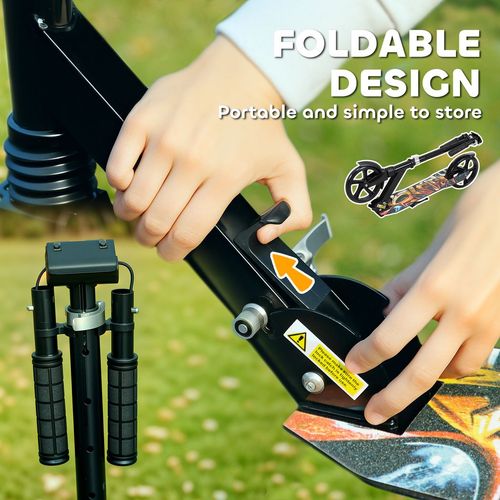 Foldable kick scooter mechanism near handlebar on a kids scooter