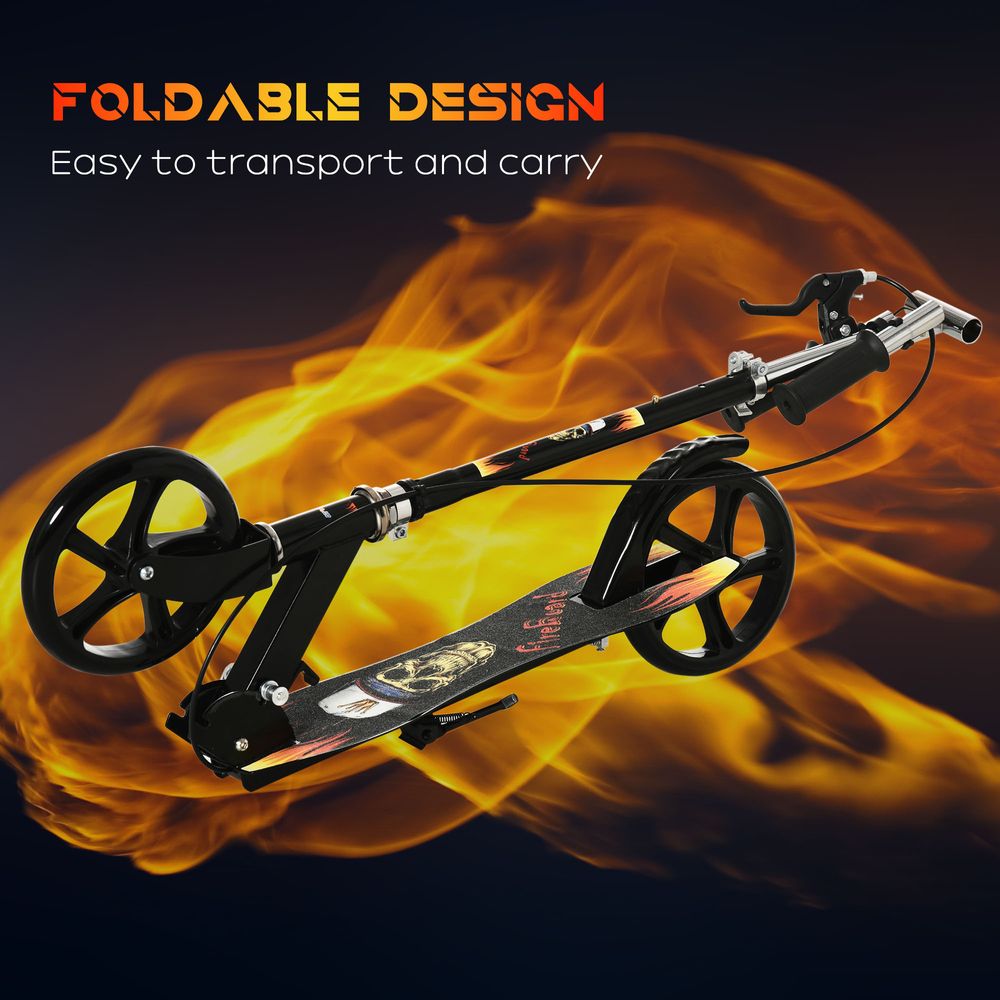 Foldable kids kick scooter in black with orange graphics, large wheels, kick deck