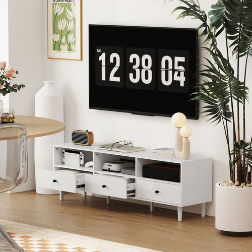 White TV console with open storage center and drawers with round knobs