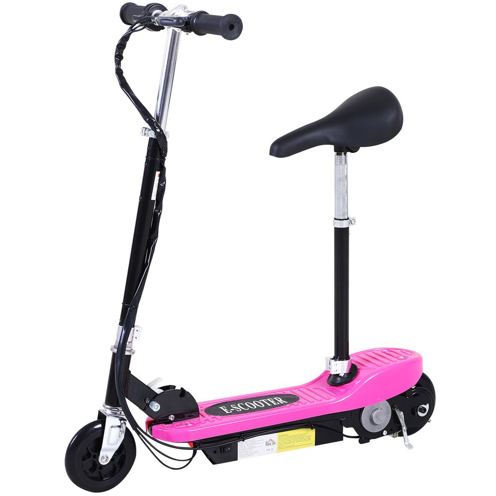 Pink kids powered ride-on scooter with black handlebars and seat