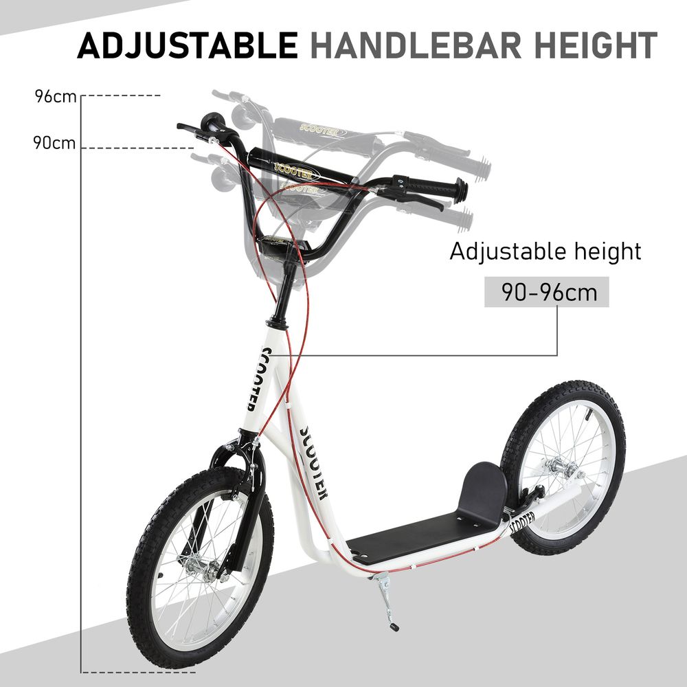 White kids kick scooter with adjustable handlebar height, black deck, and large rubber tires