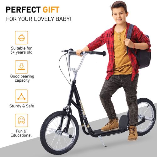 Black teen stunt scooter with curved non-slip deck and front and rear 16 in wheels