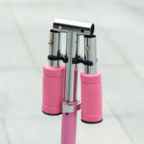 Pink scooter handlebar stem with fold mechanism and metal support bars