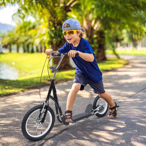 Kids kick scooter with black deck, chrome handlebar, dual brakes, rubber tires