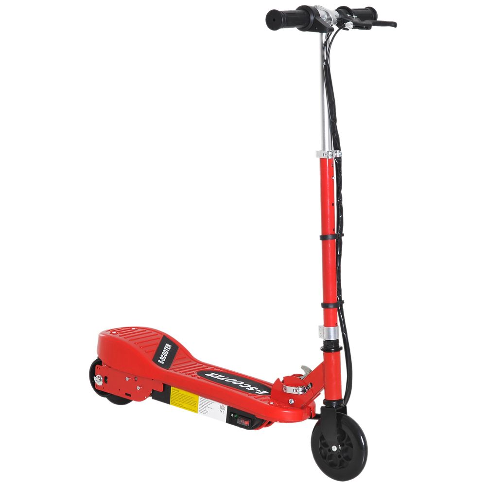 Red kids electric scooter with black handlebars, deck, and front wheel