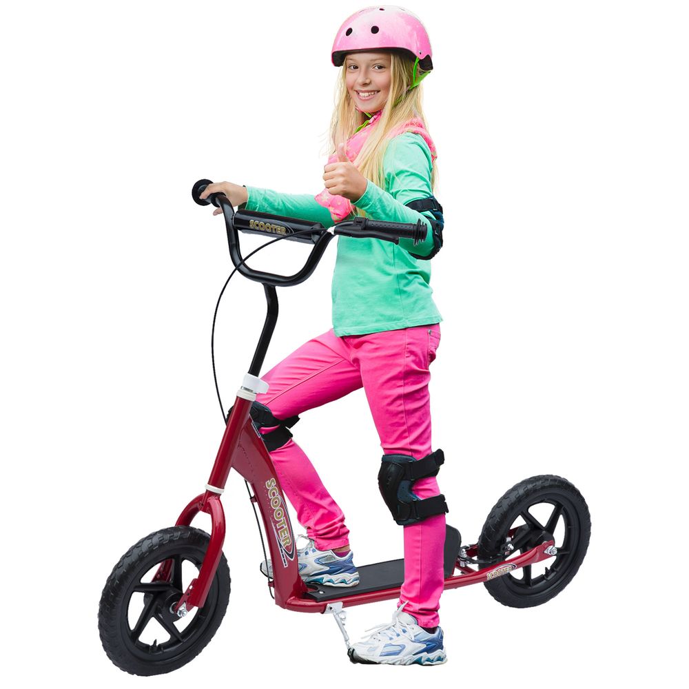 Red kids stunt push scooter with black handlebars and large black wheels