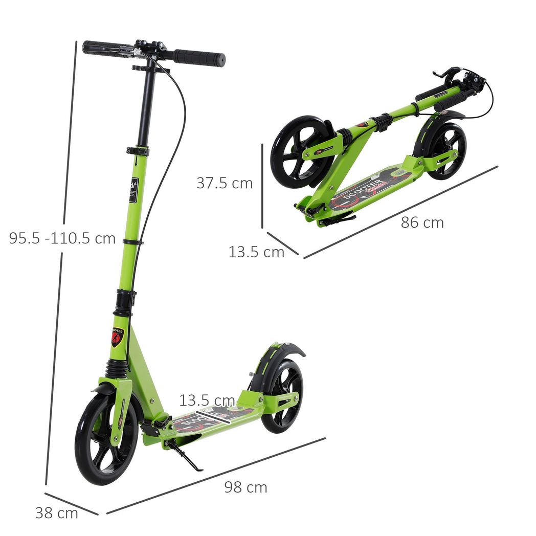 Green adjustable kick scooter with front and rear wheels and kickstand