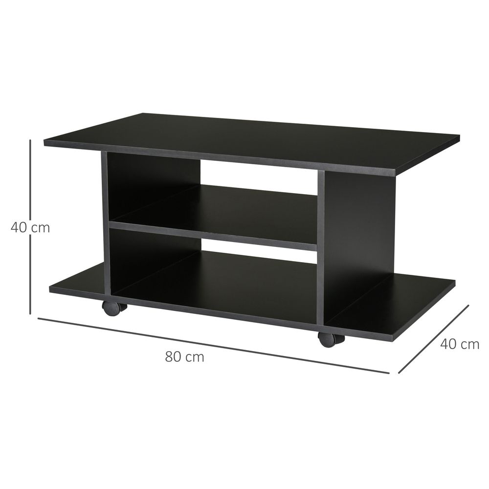 Black media console table with two open shelves, casters, and rectangular tabletop