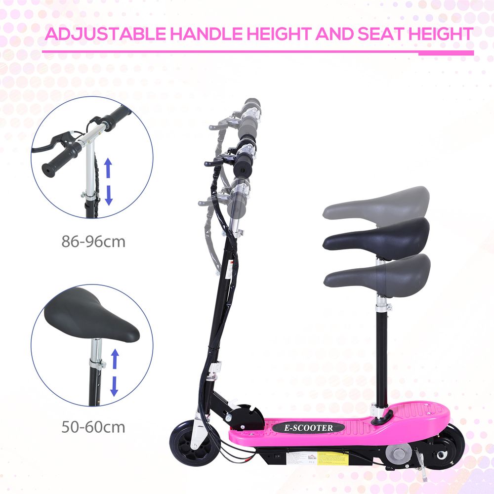 Pink kids electric scooter with adjustable handle height and black seat