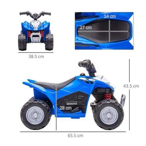 Blue kids electric quad bike with front and side diagrams plus size measurements
