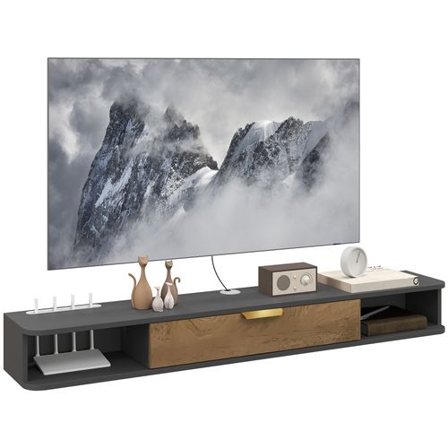Grey floating TV media console with open shelves and central storage drawer