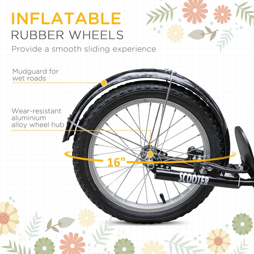 Inflatable 16 in tires with black mudguard on kids ride-on scooter with orange frame