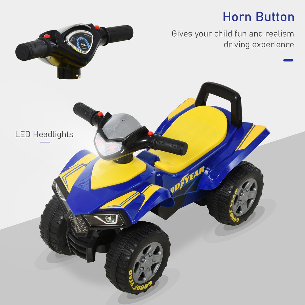 Blue quad bike ride-on with yellow seat, front LED-style headlights, and horn button.