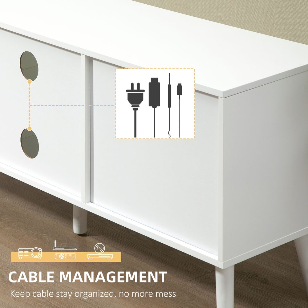 TV cabinet with open center shelves and gray side drawers, white frame, four legs