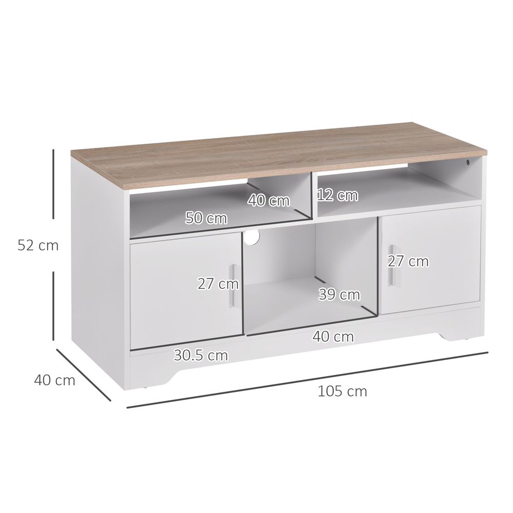 White TV stand with size labels; wood-look top, two drawers and two doors
