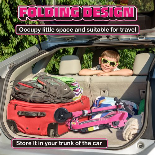 Pink electric scooter in a car trunk for compact storage
