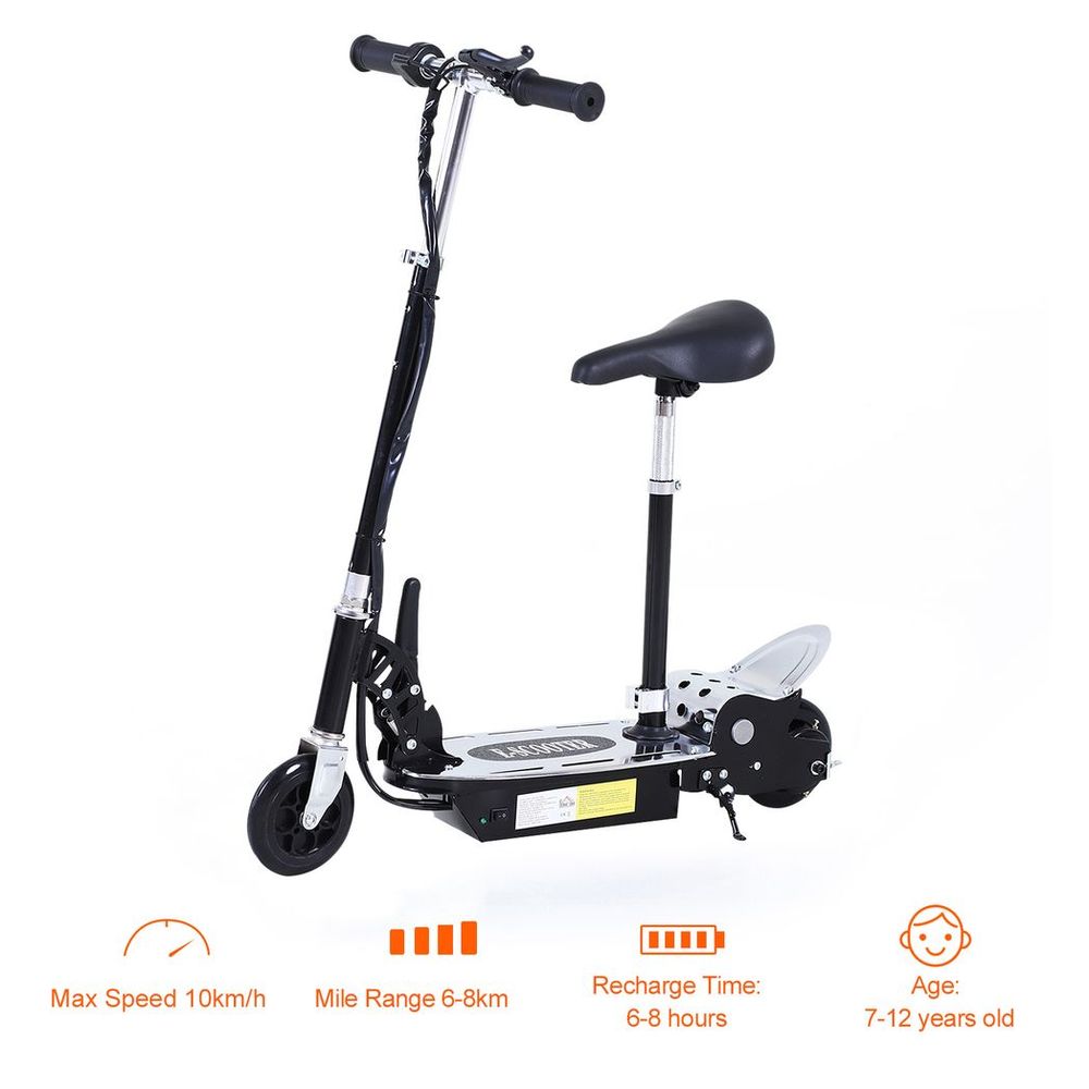 Compact foldable electric scooter with black seat, white front wheel, and rear motor wheel