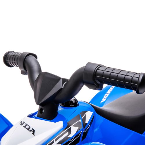 Black handlebar and controls on a blue kids electric quad bike with HONDA front panel