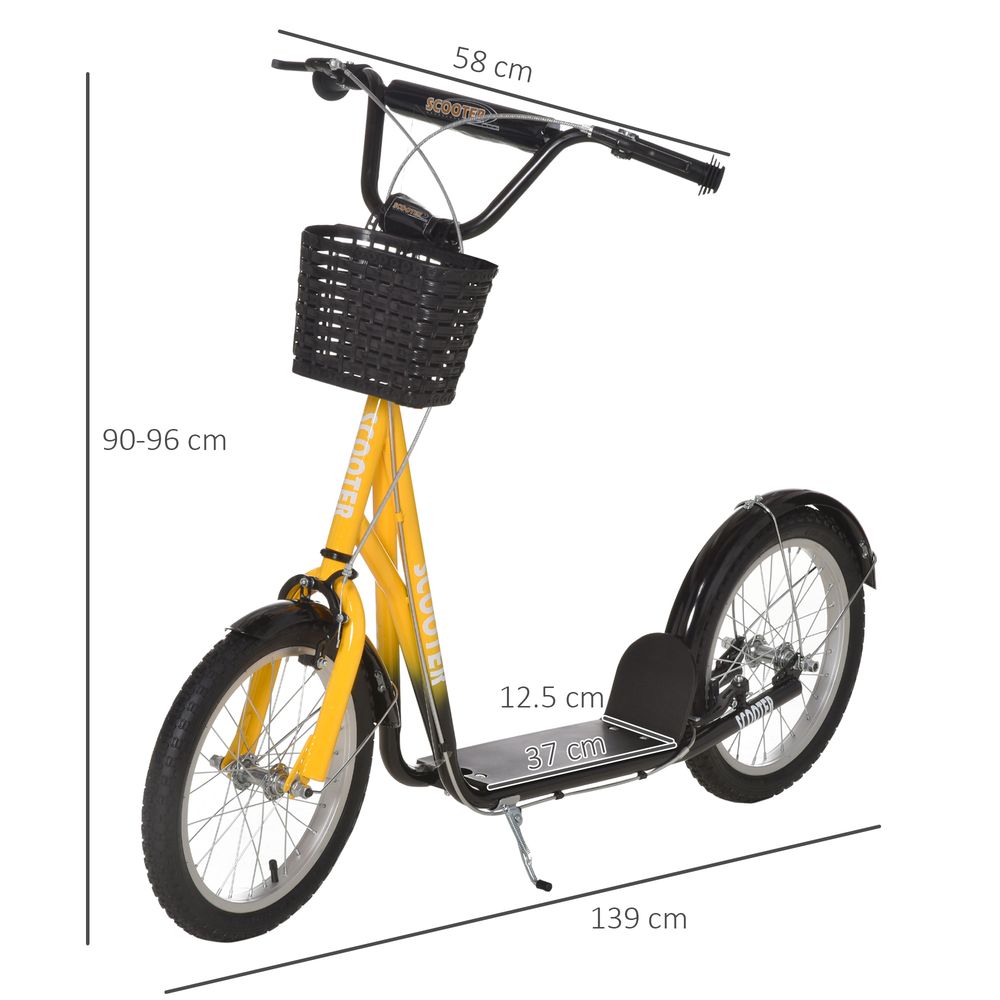 Kids ride-on scooter side view with orange frame, black basket, and rear kickstand