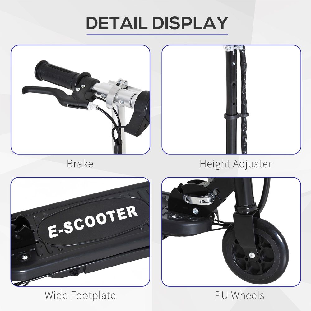 Kids electric scooter details: brake, height adjuster, wide footplate, PU wheels
