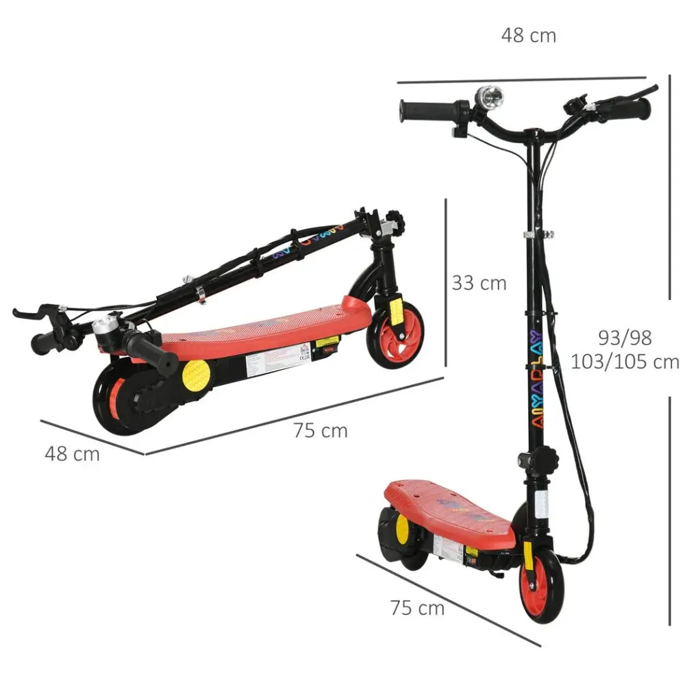 Red-deck electric scooter with black frame, yellow wheel accents, and kickstand