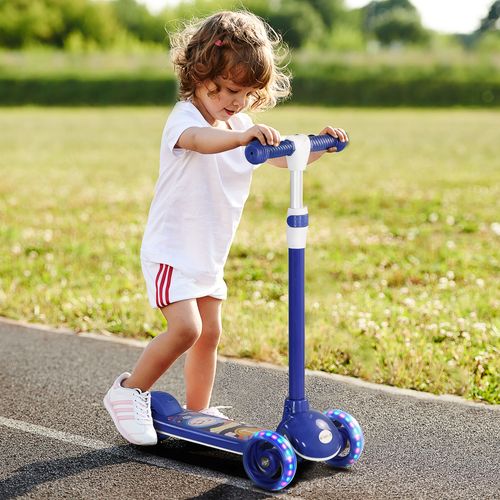 Blue kids 3-wheel scooter with glowing LED wheels and adjustable white handle