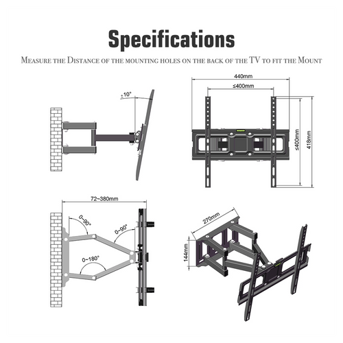 Double pendulum TV wall mount bracket diagram, VESA 400x400 with angle and size ranges.