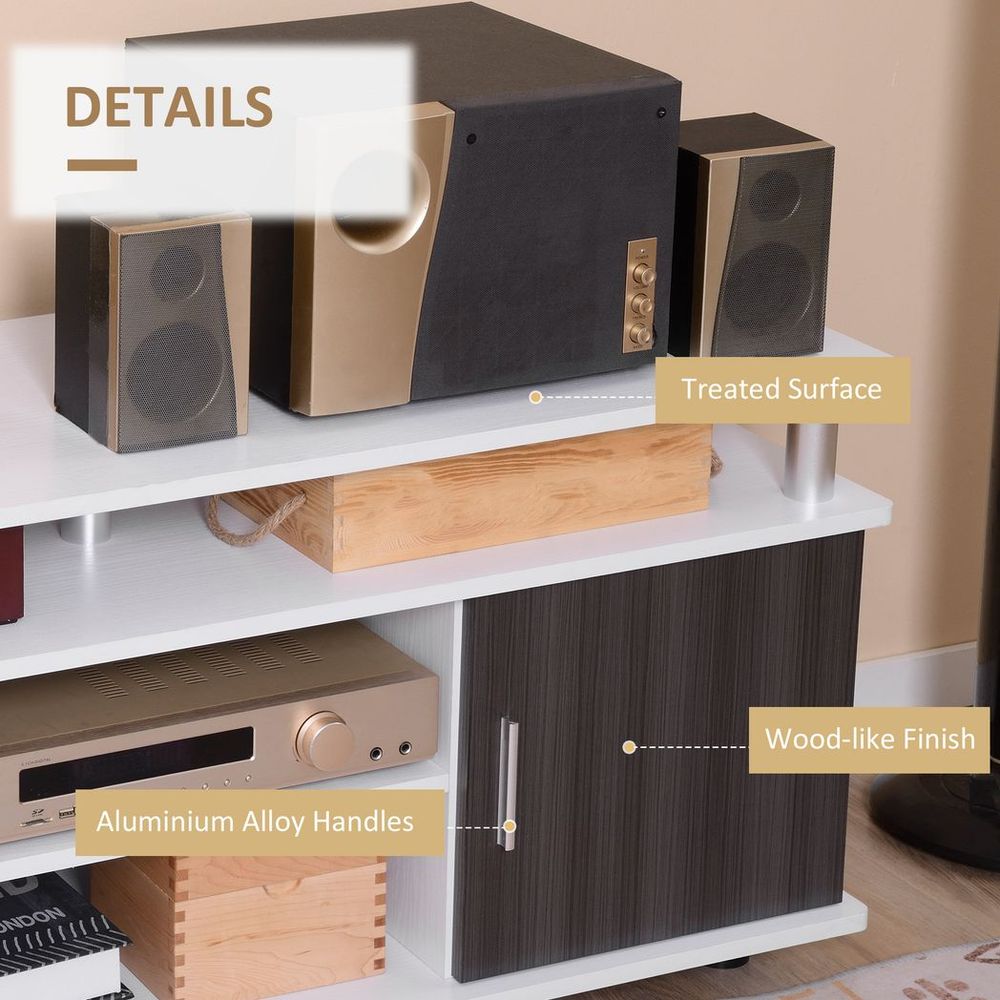 TV stand detail: wood-like finish with aluminum alloy handles and treated surface