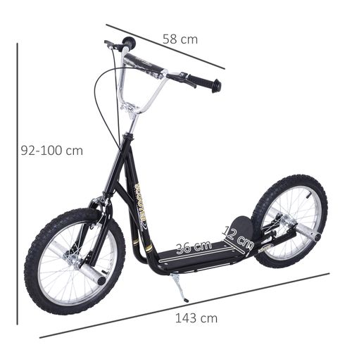 Black stunt scooter with measured frame and 36 cm deck length, 16 in wheels