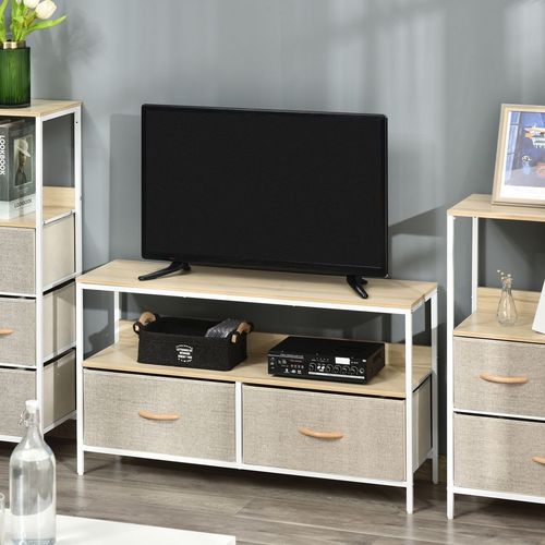 Media console with TV on top, open shelf, and two gray linen drawers with wooden handles