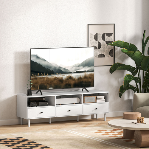 White TV console with open shelf bays and three drawer fronts with round knobs