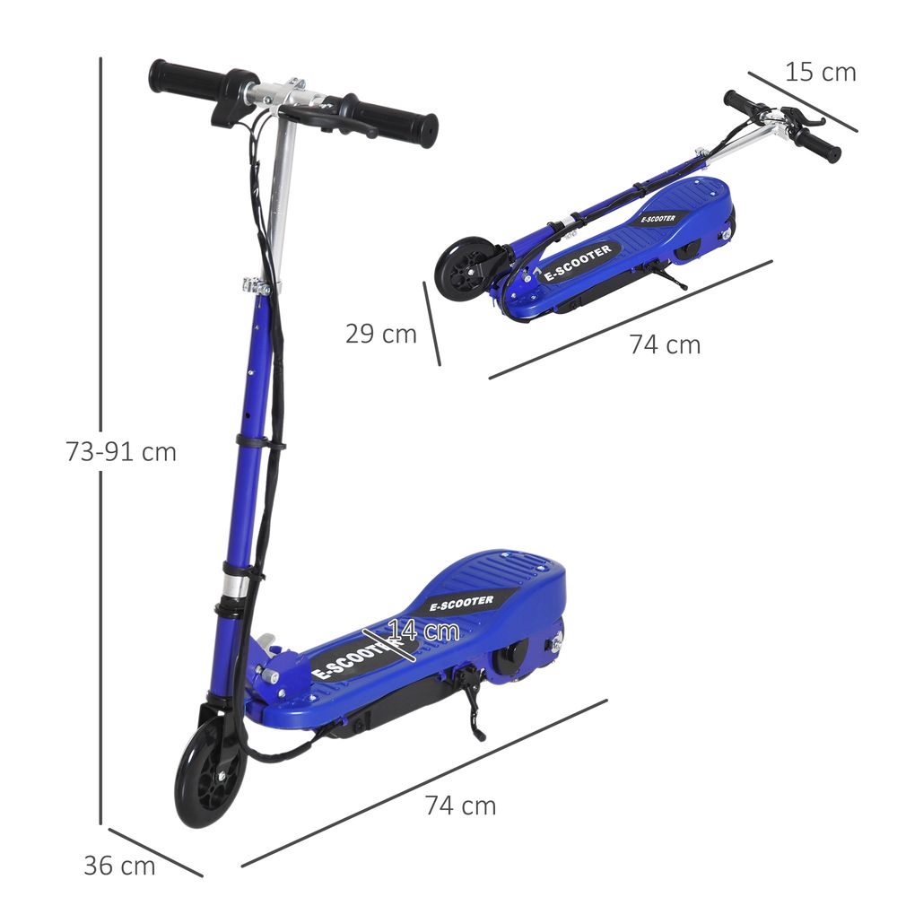 Blue kids electric scooter with handlebar and foldable deck, with size diagram