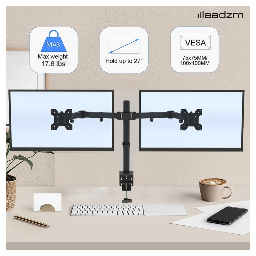 Dual monitor mount on desk with two screens, height-adjustable black pole